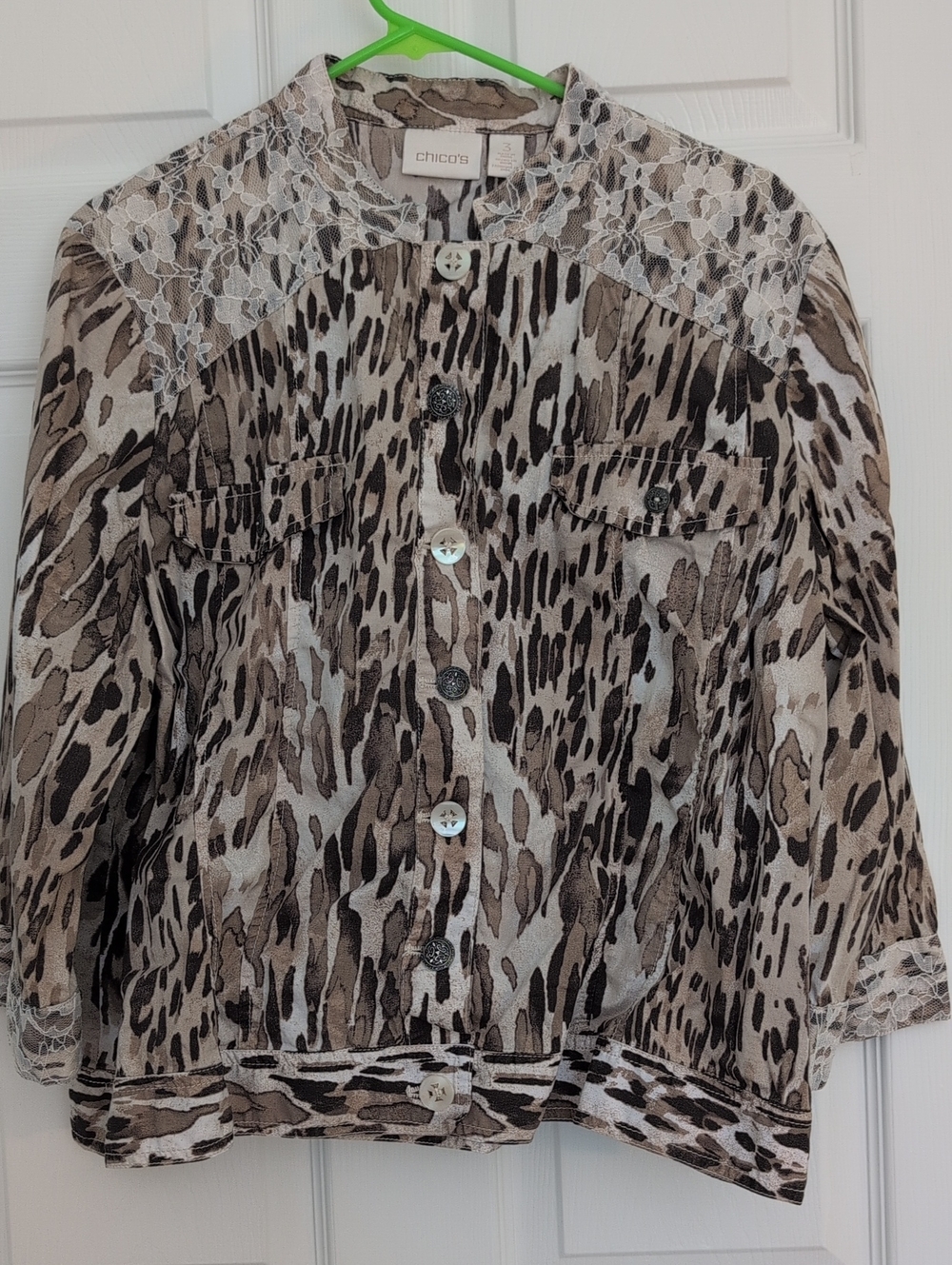 Chico's Beige and Taupe Animal Print Lace-Trim Jacket